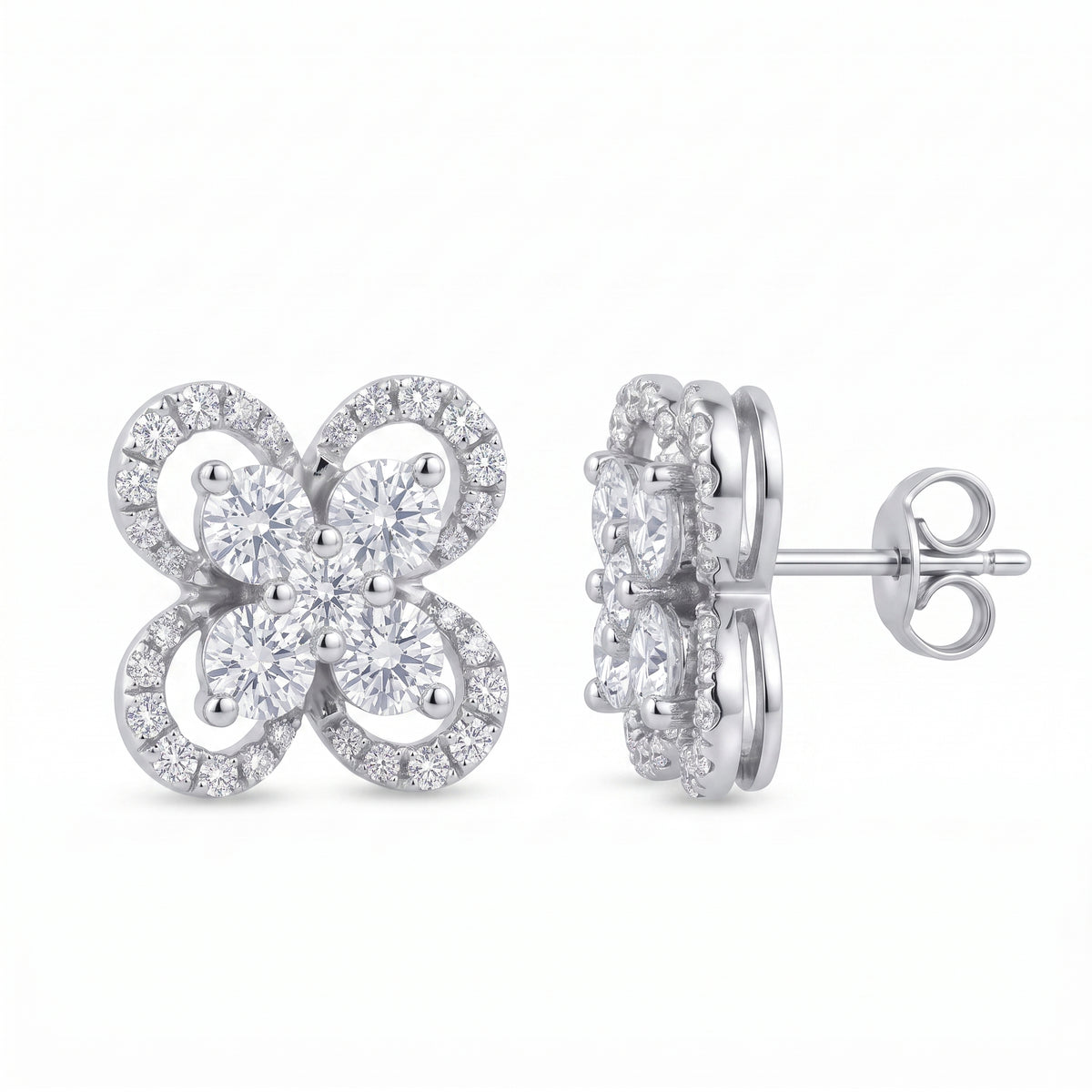 DERT0999W W-2 front and turned view showing the straight wire post and butterfly back - 10mm four-petal pave flower stud earrings in 18K white gold