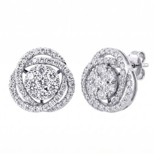 18K white gold woven diamond cluster post earrings, three-quarter turned view