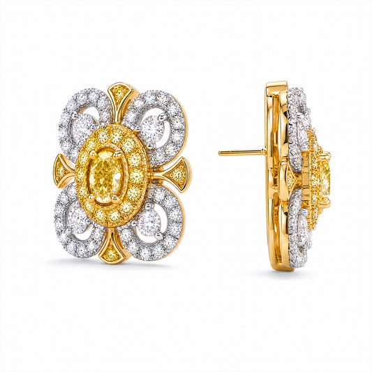 0.41ct Fancy Yellow Diamond & White Diamond Flower Earrings
