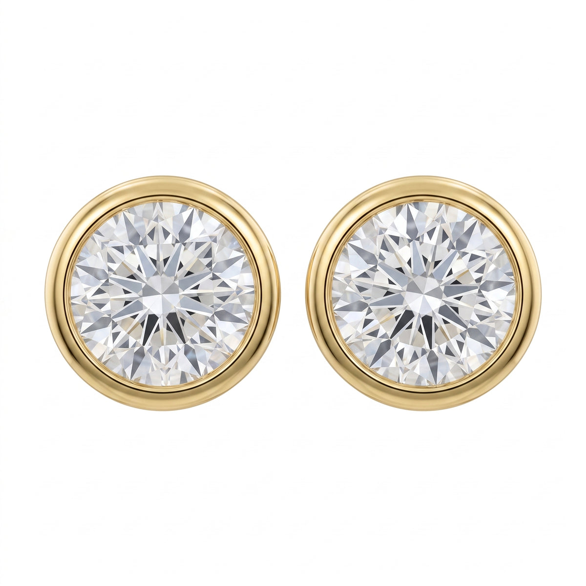 18k yellow gold two round diamond bezel-set 5mm stud earrings, white background