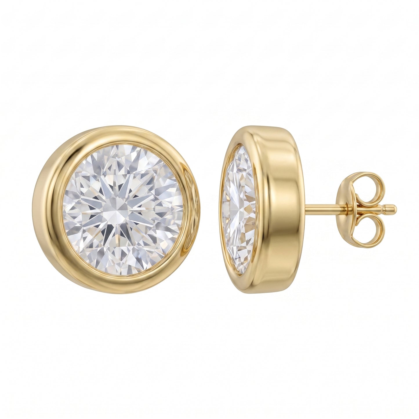 18k yellow gold two round diamond bezel-set 5mm stud earrings, front and side view showing post and butterfly back, white background