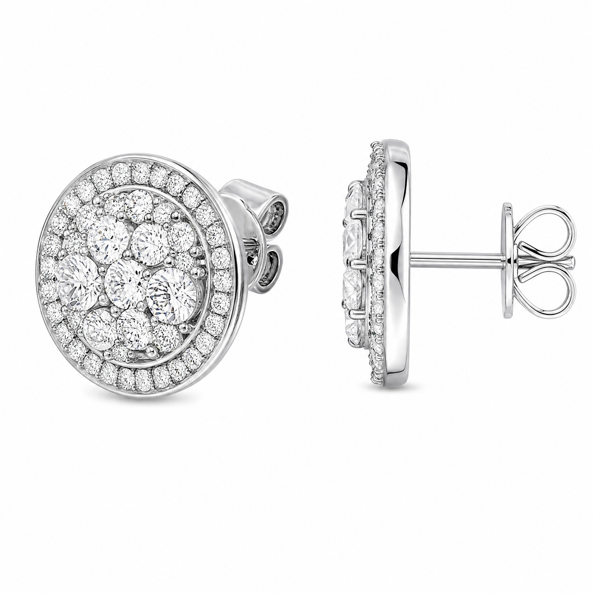 DES1005W W-2 turned view showing post and butterfly back - round brilliant diamond pave disc stud earrings in 18K white gold