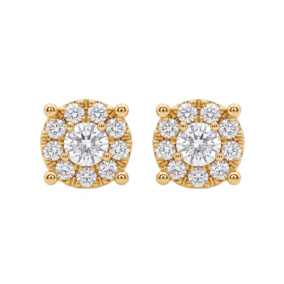 20-Diamond Round Post Earrings, 5mm - 18k yellow gold round cluster studs, one larger round brilliant centre inside a single ring of smaller round diamonds in an open gold lattice with four rounded claw prongs