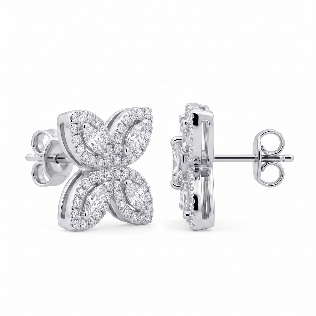 Marquise & Round Diamond Starburst Stud Earrings in 18K white gold - angled view showing post and butterfly back