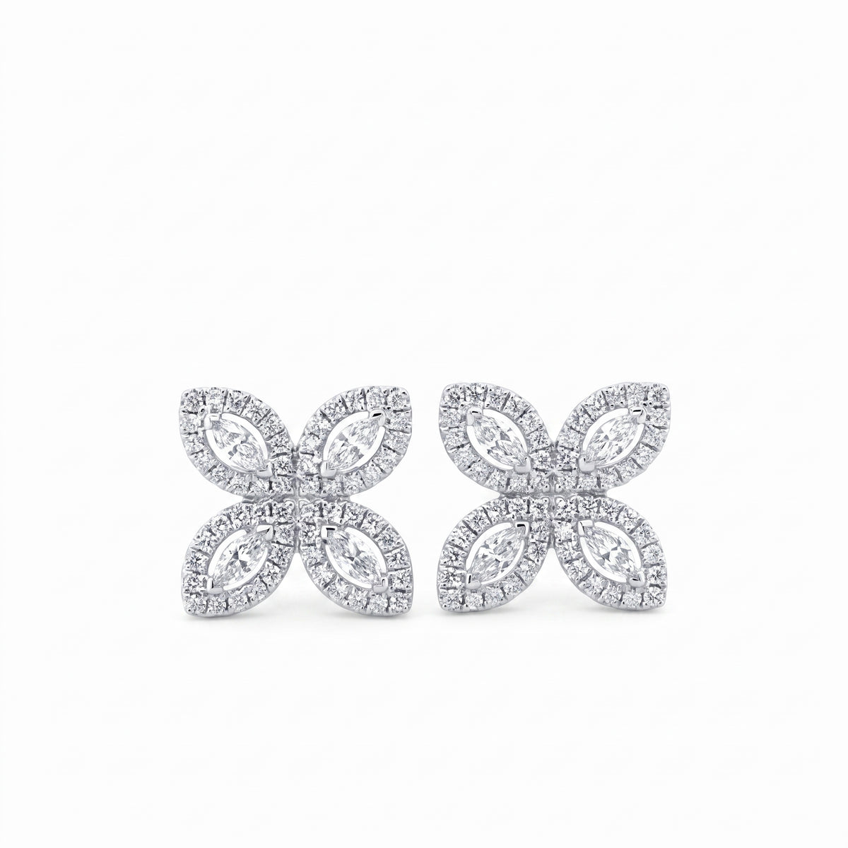 Marquise & Round Diamond Starburst Stud Earrings in 18K white gold - front view on white background