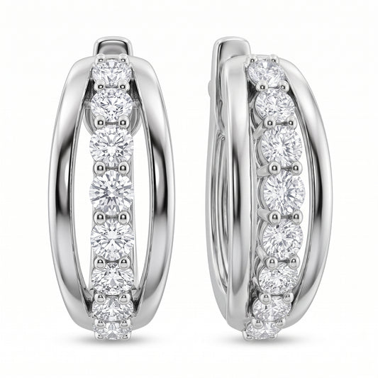 18-Diamond Oval Hoop Earrings - second view with one hoop turned, showing the plain polished 14k white gold back arc and hinged click clasp