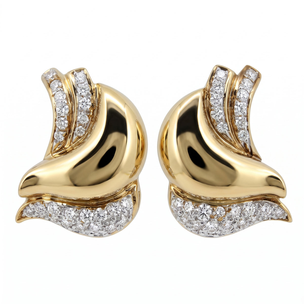 DESL0024 W-1 frontal pair - sculptural asymmetric swirl clip earrings in 18K yellow gold, a high-polish mirror-finish plain gold body curling through the centre with a ribbon of two channel-set rows of round diamonds sweeping up one side and a triangular pave wedge along the bottom