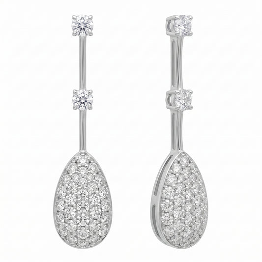 Pave pear drop diamond dangle earrings in 18K white gold, second studio view showing the drop in profile