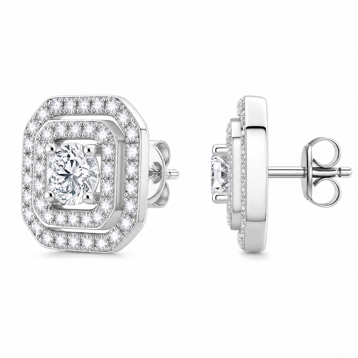 DETE0273W W-2 front and turned view showing the post and butterfly back - round diamond double cushion-halo stud earrings