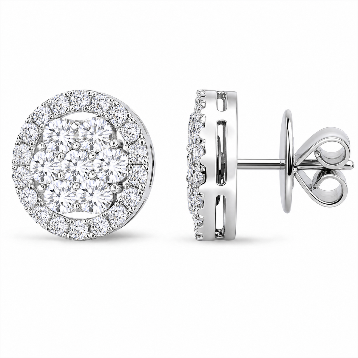 DETE0610W W-2 turned view showing post and butterfly back - round diamond cluster disc stud earrings in 18K white gold