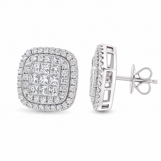 DETE0618W W-2 front and turned view showing post and butterfly back - invisible-set princess-cut diamond double-halo cushion stud earrings in 14K white gold