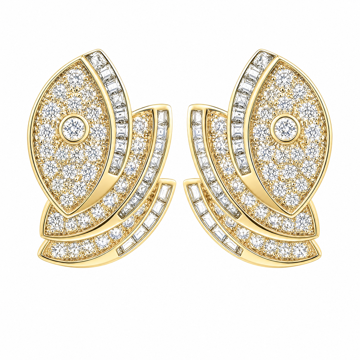 EDE47350 W-1 frontal pair - pave and channel-set square diamond double leaf scroll clip earrings in 18K yellow gold