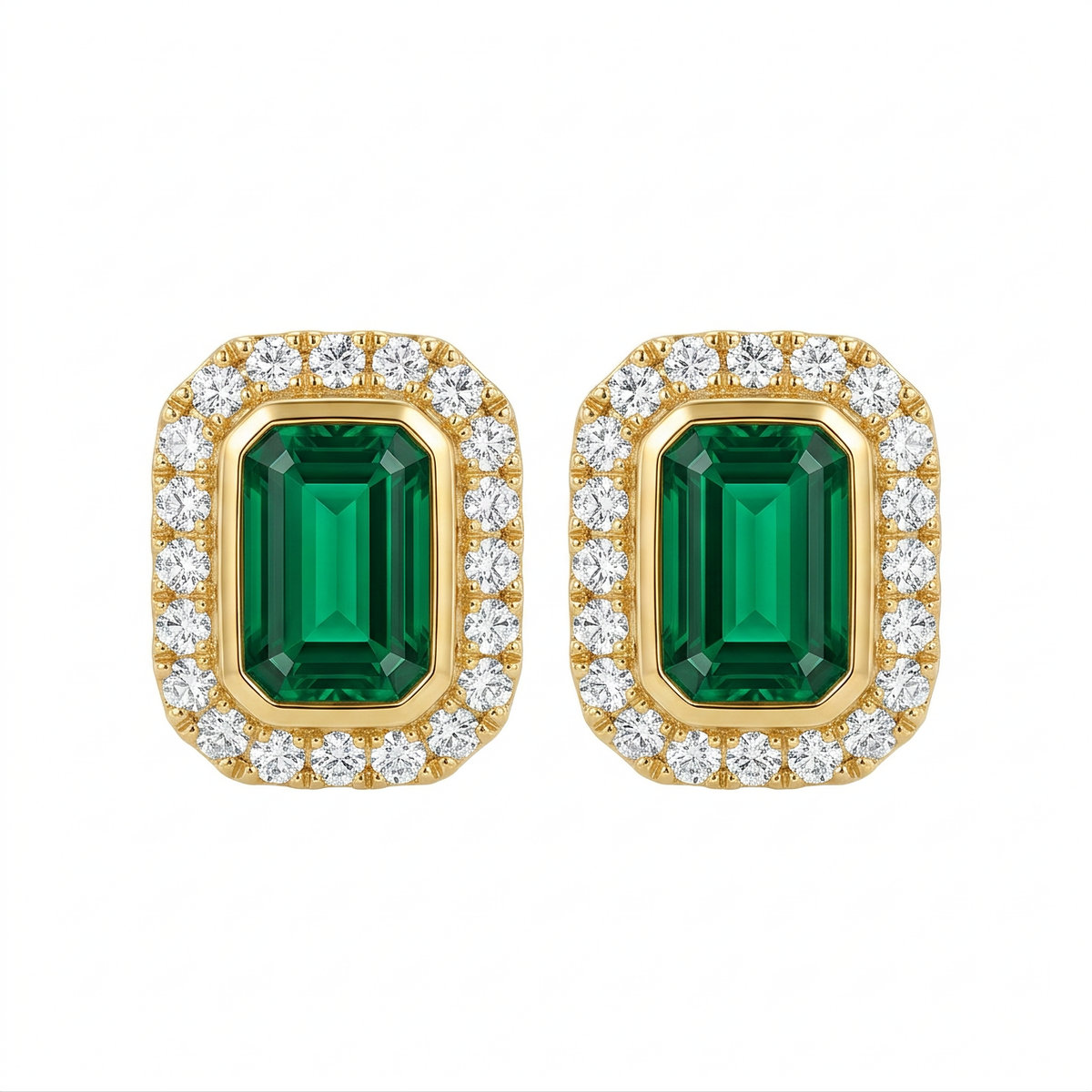 4x6mm Emerald-Cut Emerald & Diamond Halo Stud Earrings - 14K yellow gold bezel-set emerald-cut emerald framed by a single row of round brilliant diamonds, white background