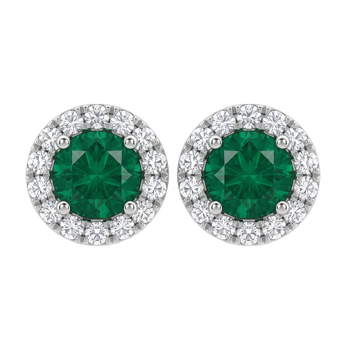 2 Round Emerald & 28-Diamond Round Post Earrings in 18K white gold - front view