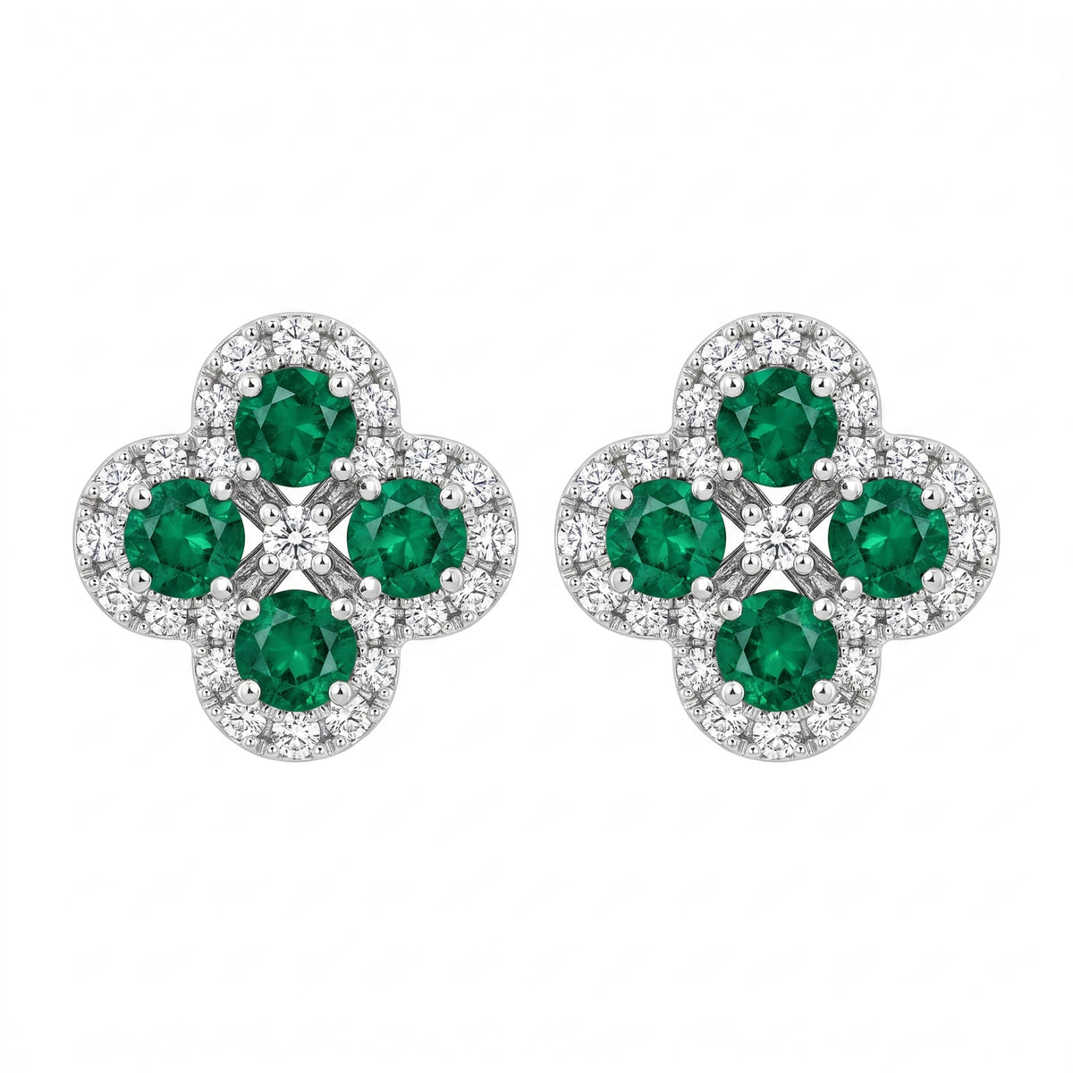 EEM1171W-B 18K white gold quatrefoil flower post earrings with four round emeralds and diamond halos, white background