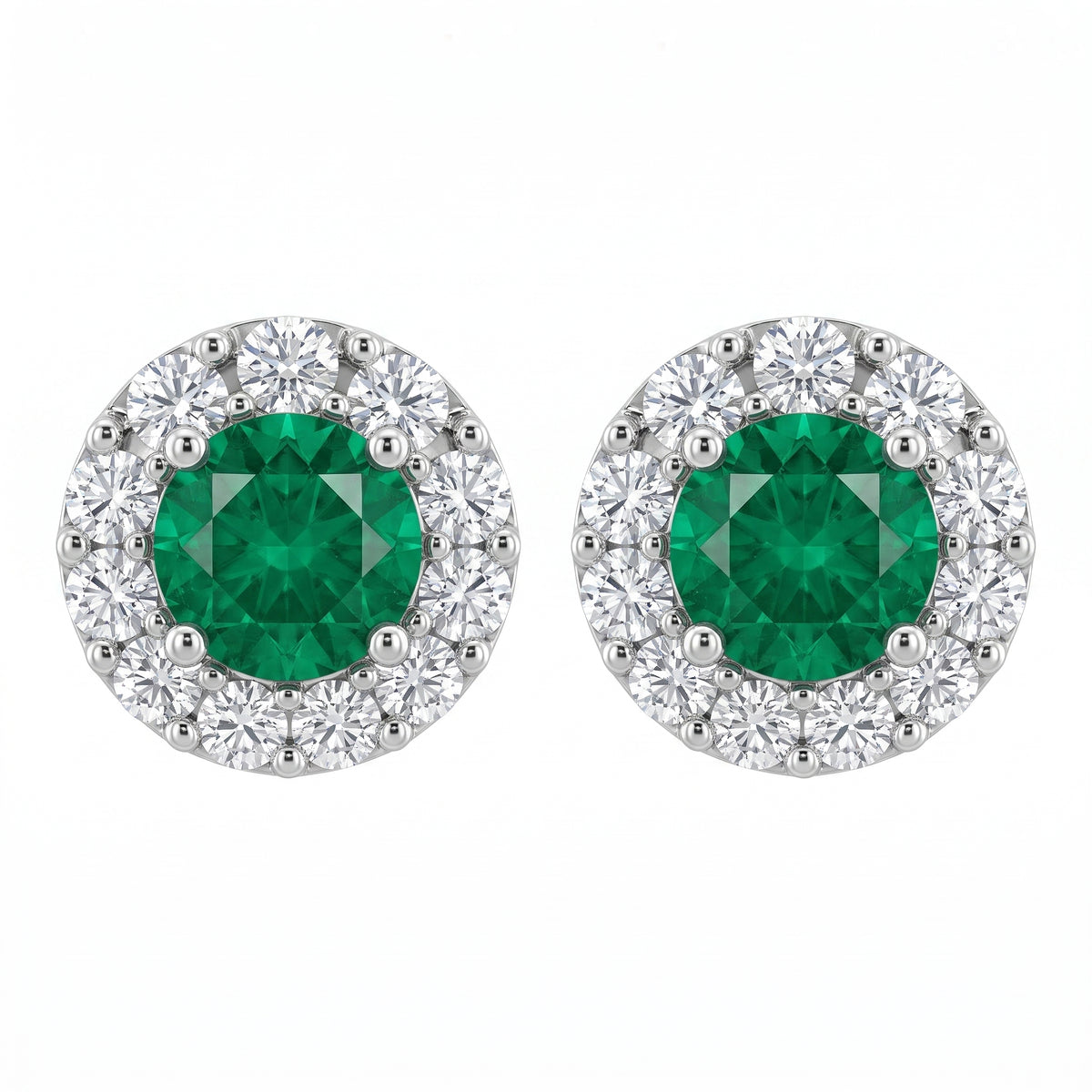 2 Round Emerald & 18-Diamond Round Post Earrings - white background pair view