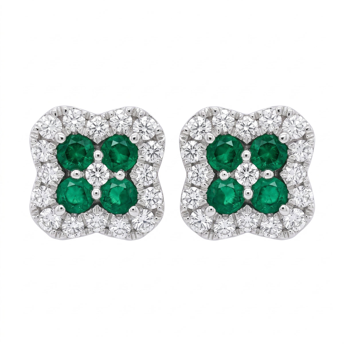8 Round Emerald & 34-Diamond Clover Post Earrings - white background pair view