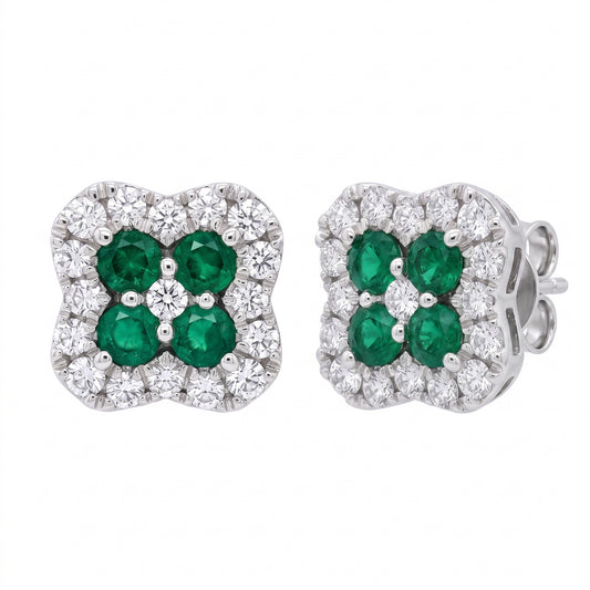 8 Round Emerald & 34-Diamond Clover Post Earrings - 3D turn view