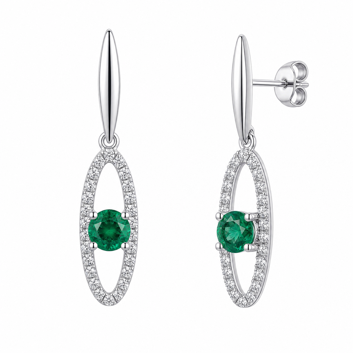 4mm Round Emerald & 52-Diamond Open Links Dangle Post Earrings, 5x28mm