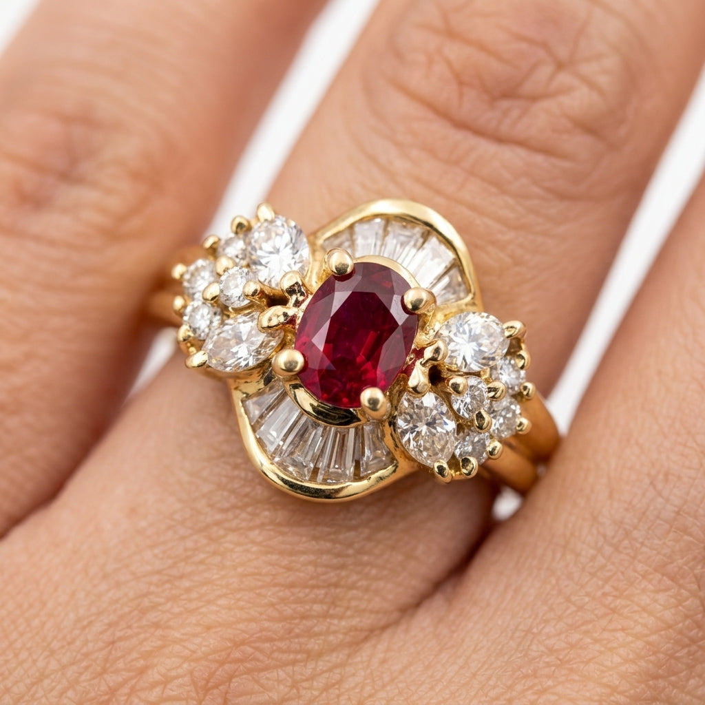 3.5x5mm Oval Ruby, 10 Tapered, 4 Marquise & 8 Round Diamond Ring