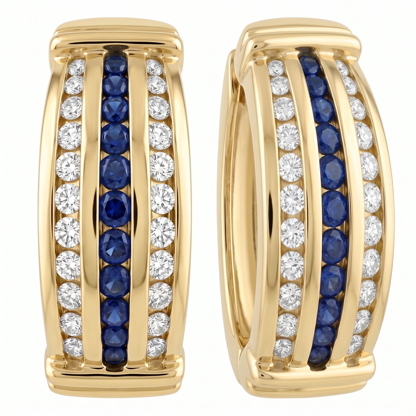14k yellow gold round sapphire and round diamond channel-set clip earrings, angled view, white background
