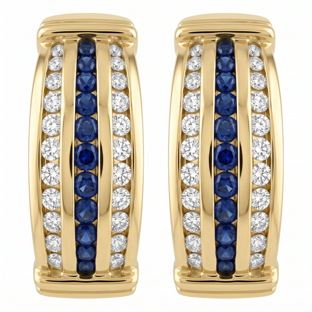14k yellow gold round sapphire and round diamond channel-set clip earrings, white background