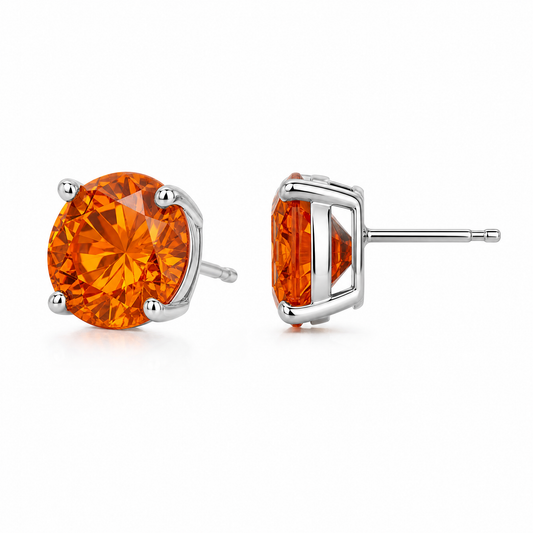 GECA0989W-SP W-2 front and turned view showing post and butterfly back - round orange spessartite garnet solitaire stud earrings in 14K white gold