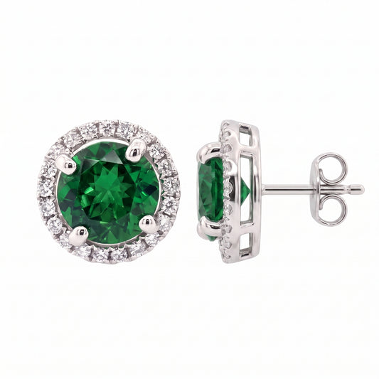 14k white gold 6mm round tsavorite and forty-two round diamond halo stud earrings, angled view, white background