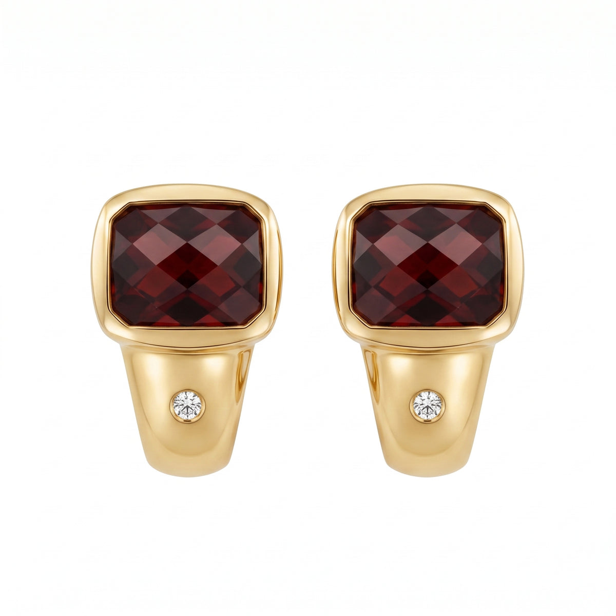 7x9mm Fancy Rectangular Garnet & Diamond Clip Earrings in 14K yellow gold - white background view