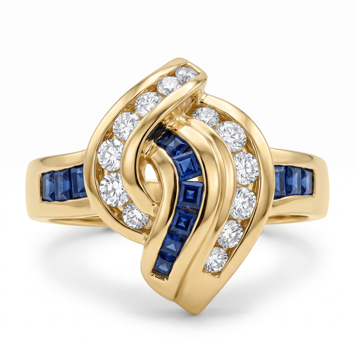 10 Square Sapphire & 13-Diamond Crossover Ring
