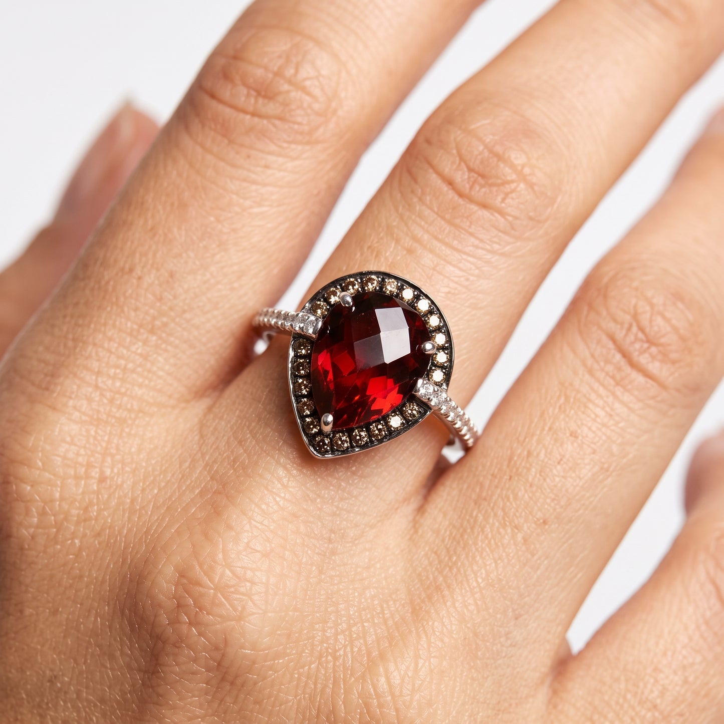 Pear Garnet & 20 Round, 22 Brown Diamond Ring