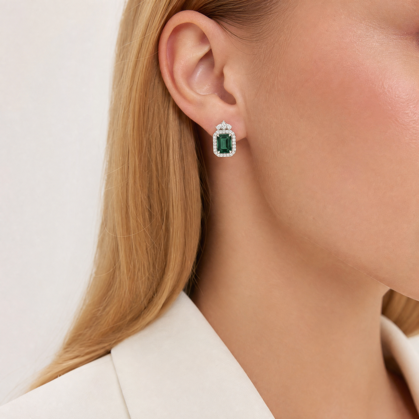 3.82ct Emerald-Cut Emerald Halo Earrings with Diamond Drop