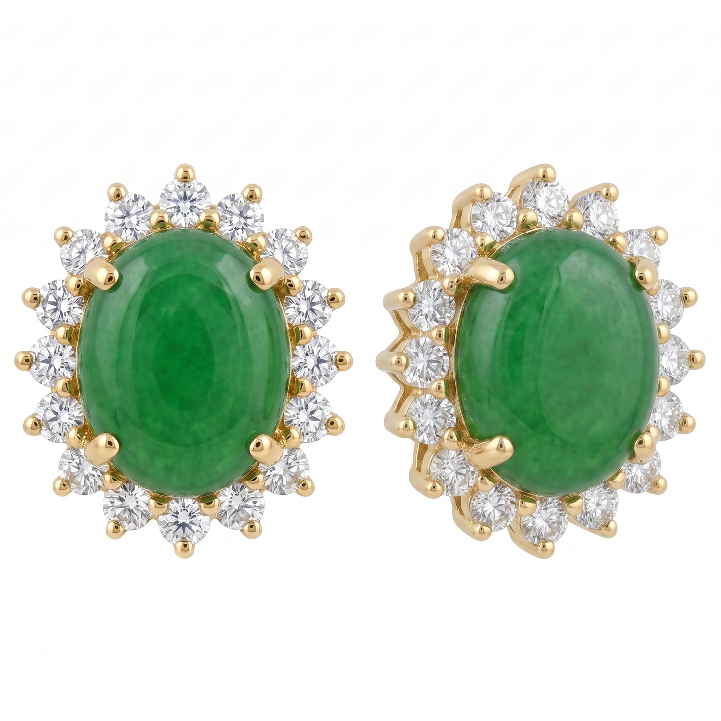 Oval green jade cabochon and 16-diamond halo clip earrings in 14K yellow gold, angled second view on white