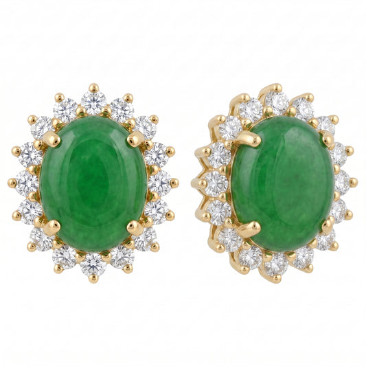 Oval green jade cabochon and 16-diamond halo clip earrings in 14K yellow gold, angled second view on white