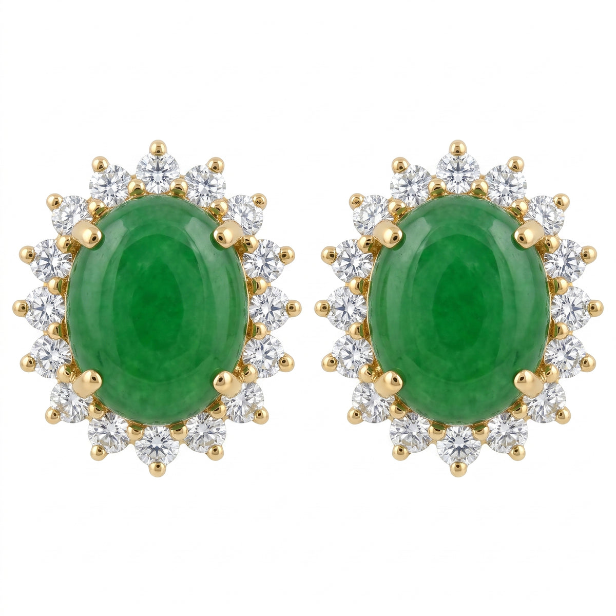 Oval green jade cabochon and 16-diamond halo clip earrings in 14K yellow gold, front view on white