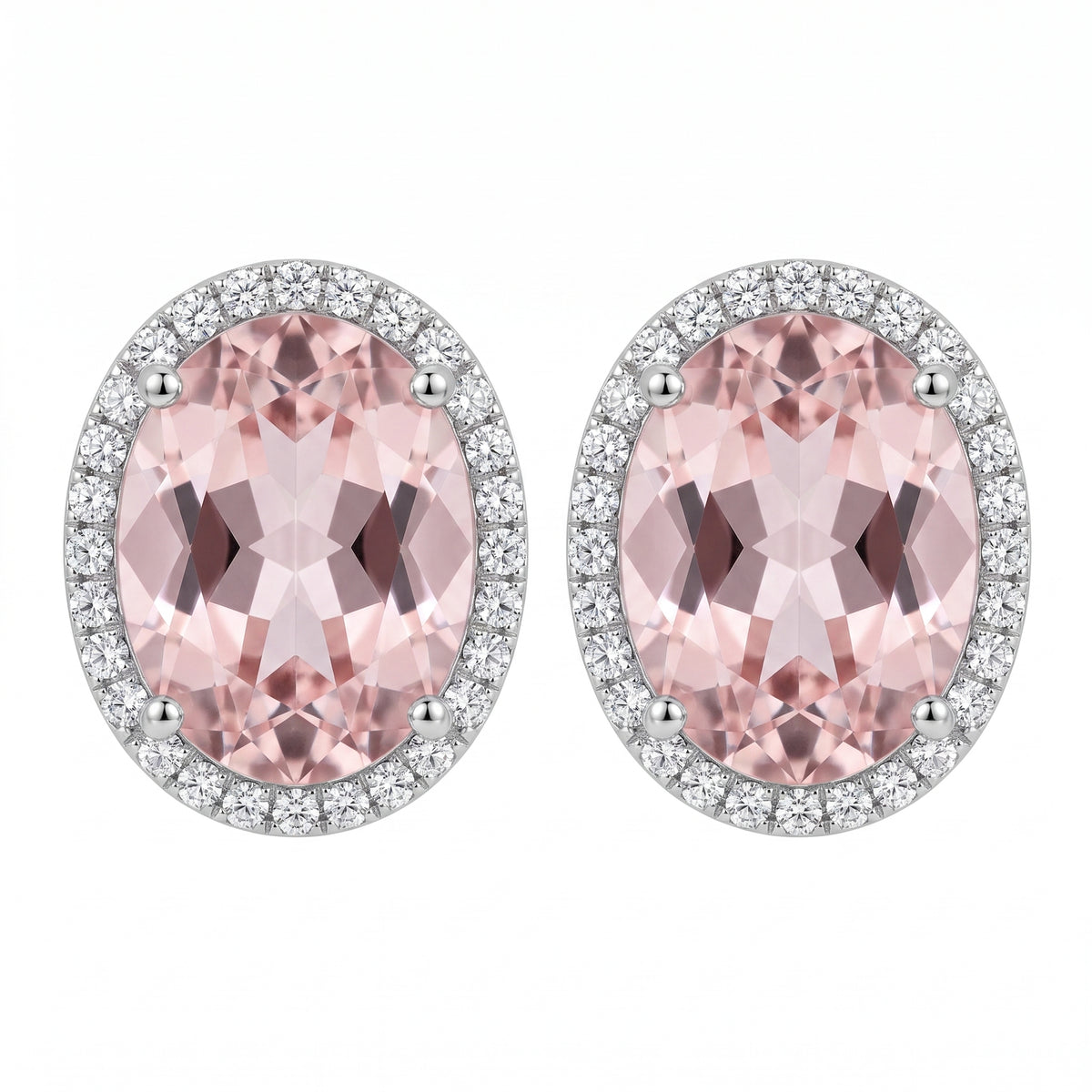14k white gold oval kunzite and round diamond halo stud earrings, white background