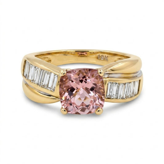 Cushion Morganite 12 Tapered Baguette Diamond Band Ring