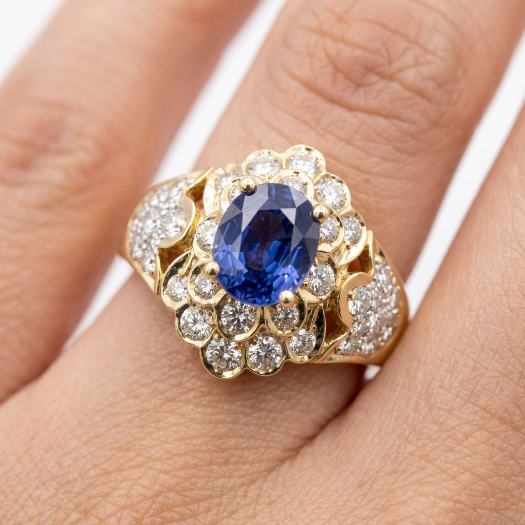 Sapphire & Diamond Domed Cluster Halo Ring