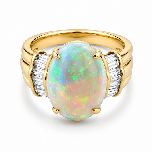 Oval Opal Tapered Baguette Diamond Ring