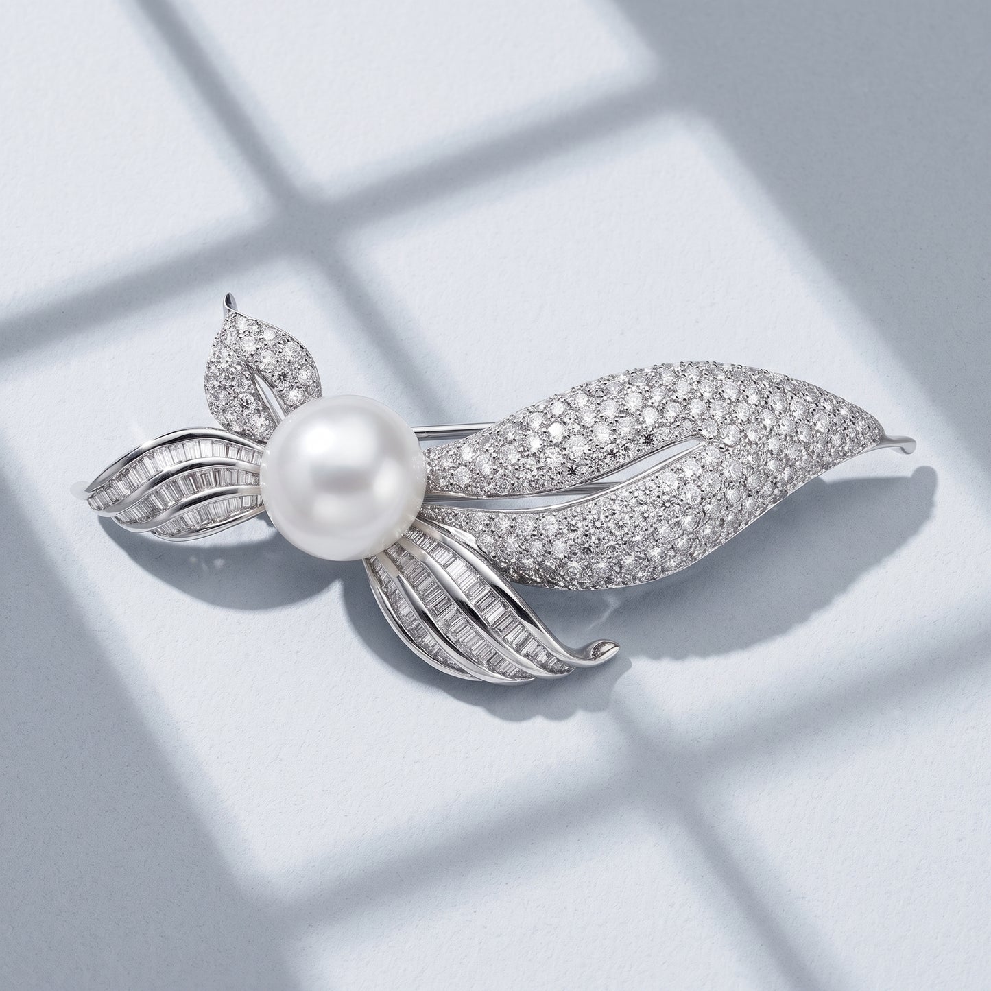 13mm South Sea Pearl & Diamond Leaf Brooch