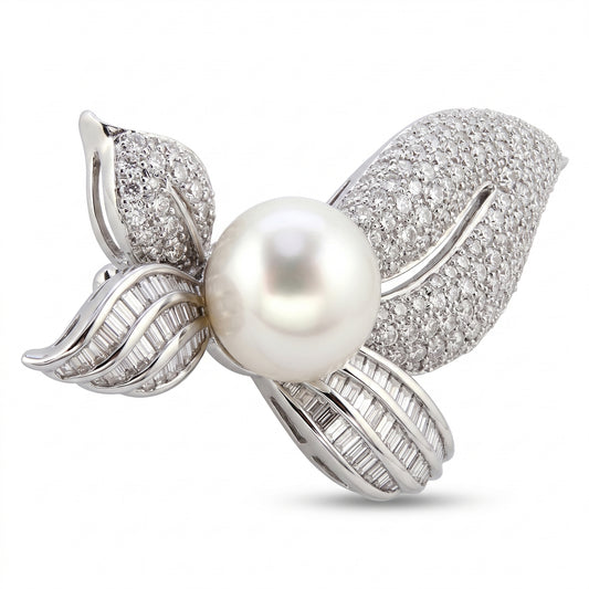 13mm South Sea Pearl & Diamond Leaf Brooch