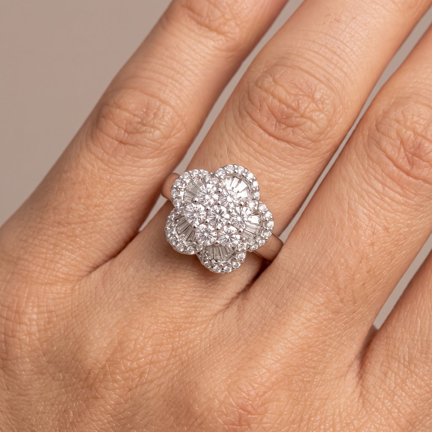 2.09ct Diamond Flower Cocktail Ring with Baguette Petals