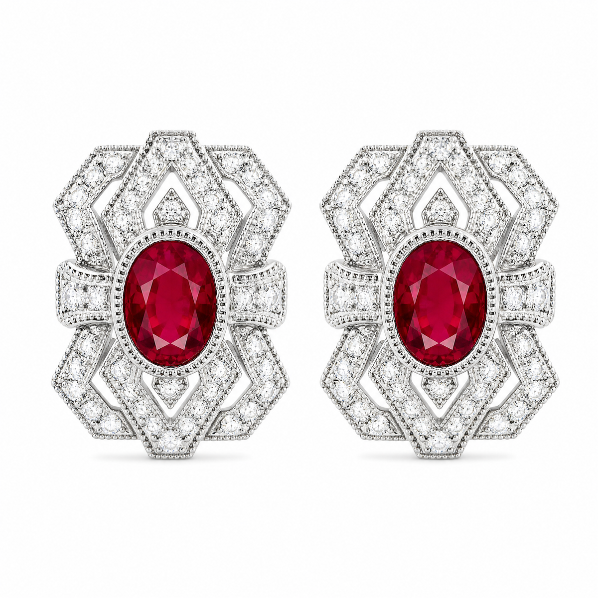 RECY0243W W-1 frontal pair - oval ruby and diamond Art Deco openwork filigree clip earrings in 18K white gold