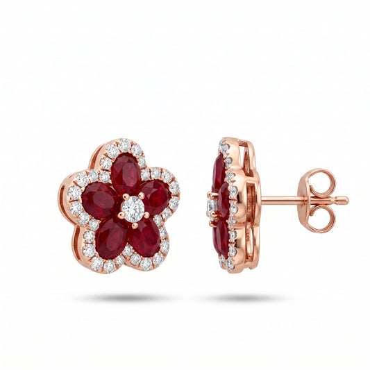 Oval Ruby & Diamond Flower Stud Earrings