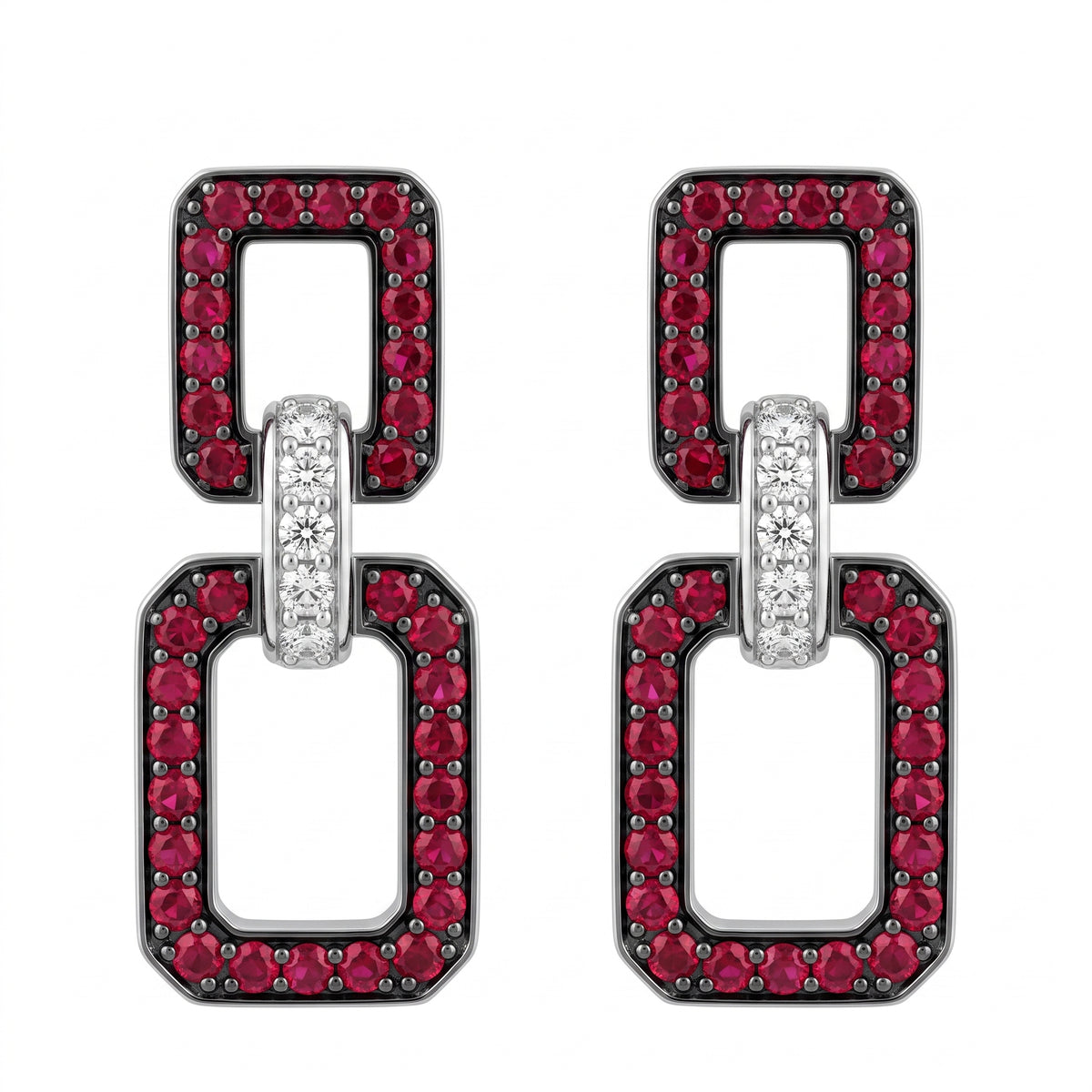 REM1156W 18K white gold ruby and diamond double rectangle link dangle earrings - white background