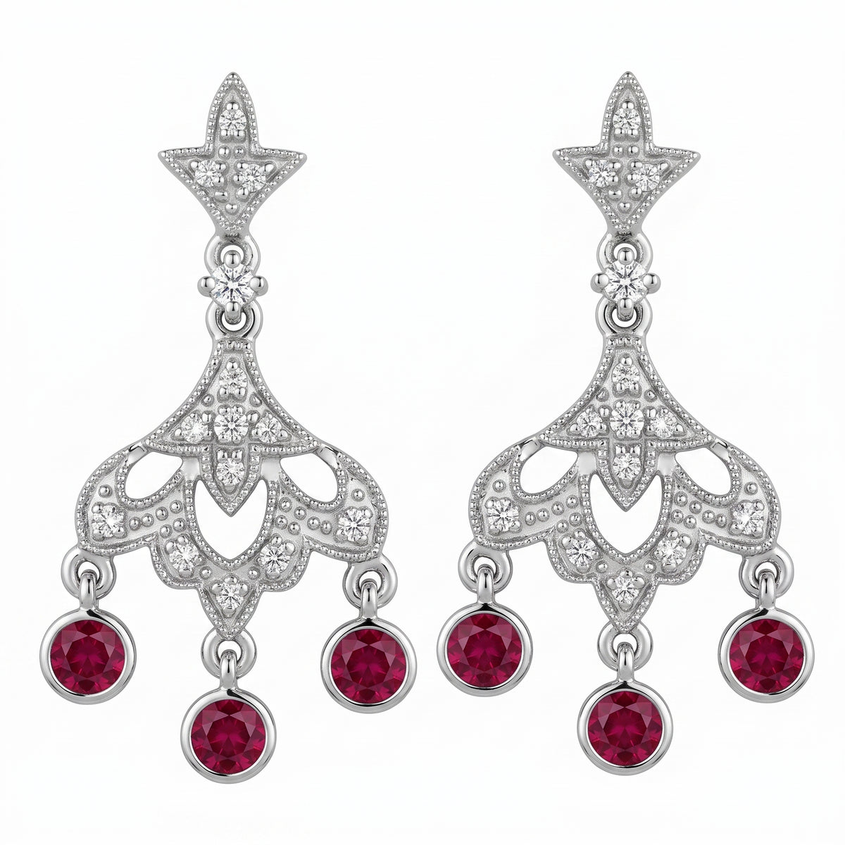REPL0067W 14K white gold vintage chandelier post earrings with three round rubies and pave diamonds, white background
