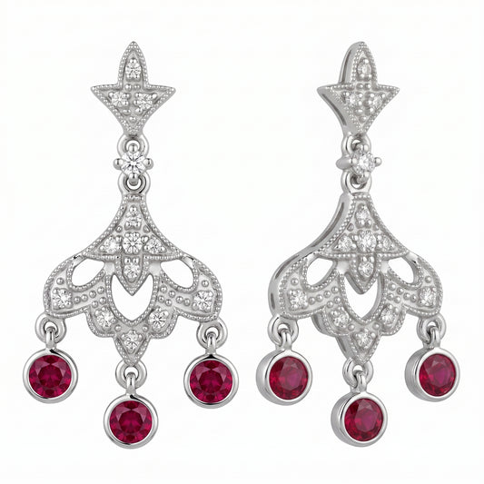 REPL0067W 14K white gold ruby and diamond chandelier post earrings, front and three-quarter view, white background