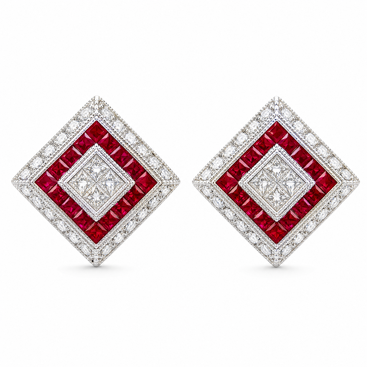 RERT0432W W-1 frontal pair - Art Deco square-on-point calibre ruby and princess-cut diamond white gold clip earrings