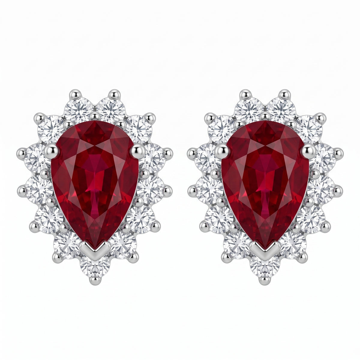 14k white gold pear-shaped ruby and round diamond halo post earrings, white background