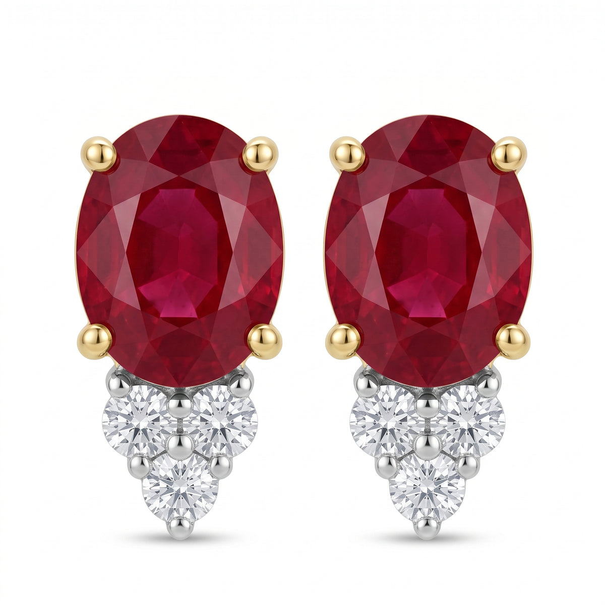 RESP0290 - two-tone 14K gold post earrings, oval ruby in yellow gold claws above a V-cluster of white gold set diamonds, front view on white background